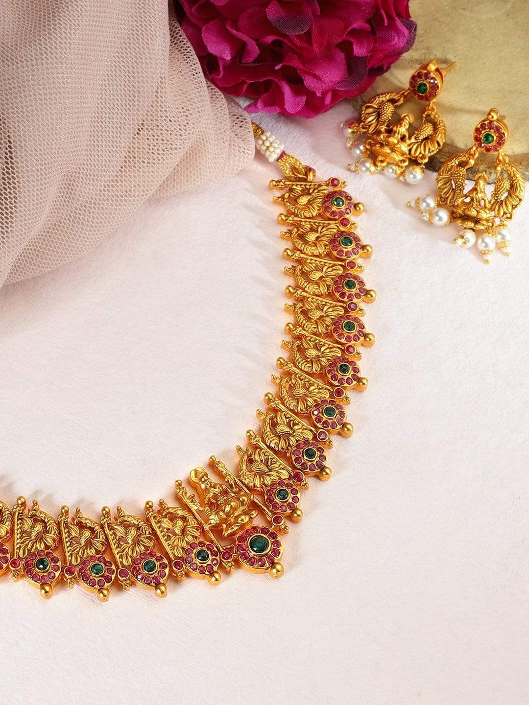 Vendor 2 Gold Plated Handcrafted Faux Ruby Stone with Gold Beads Traditional Necklace Set