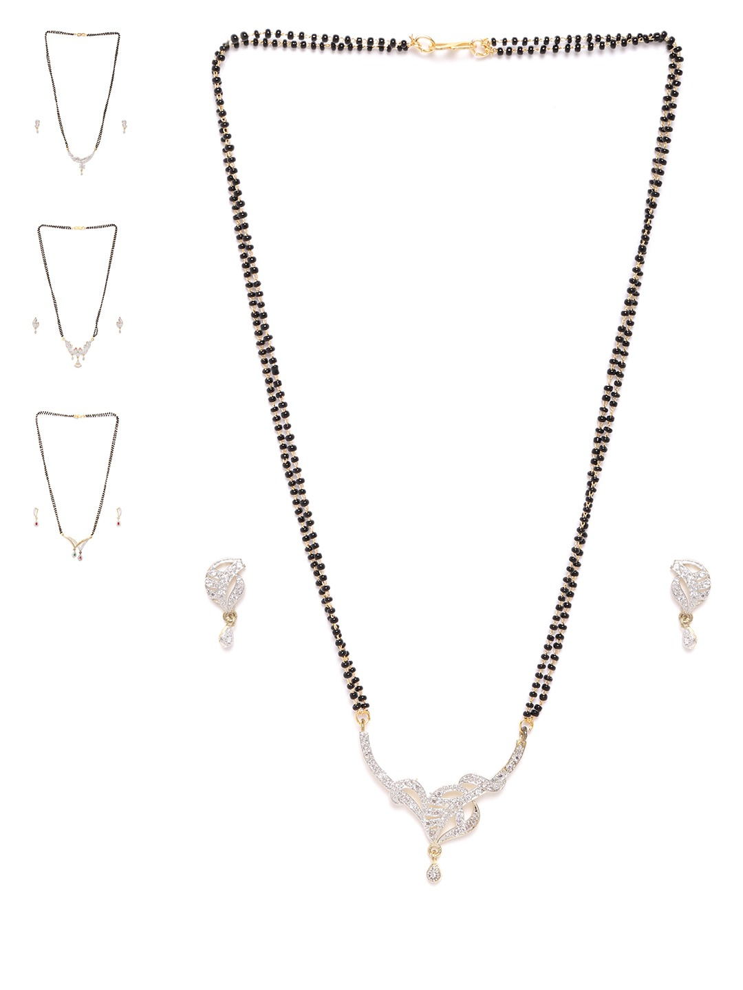 YouBella Set of 4 Gold-Plated Stone Studded  Beaded Mangalsutra with Earrings