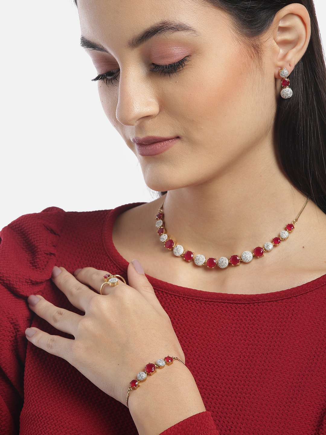 YouBella Stylish Fancy Party Wear Jewellery Gold Plated Jewellery Set for Women (Red) (Mix_Combo_103)