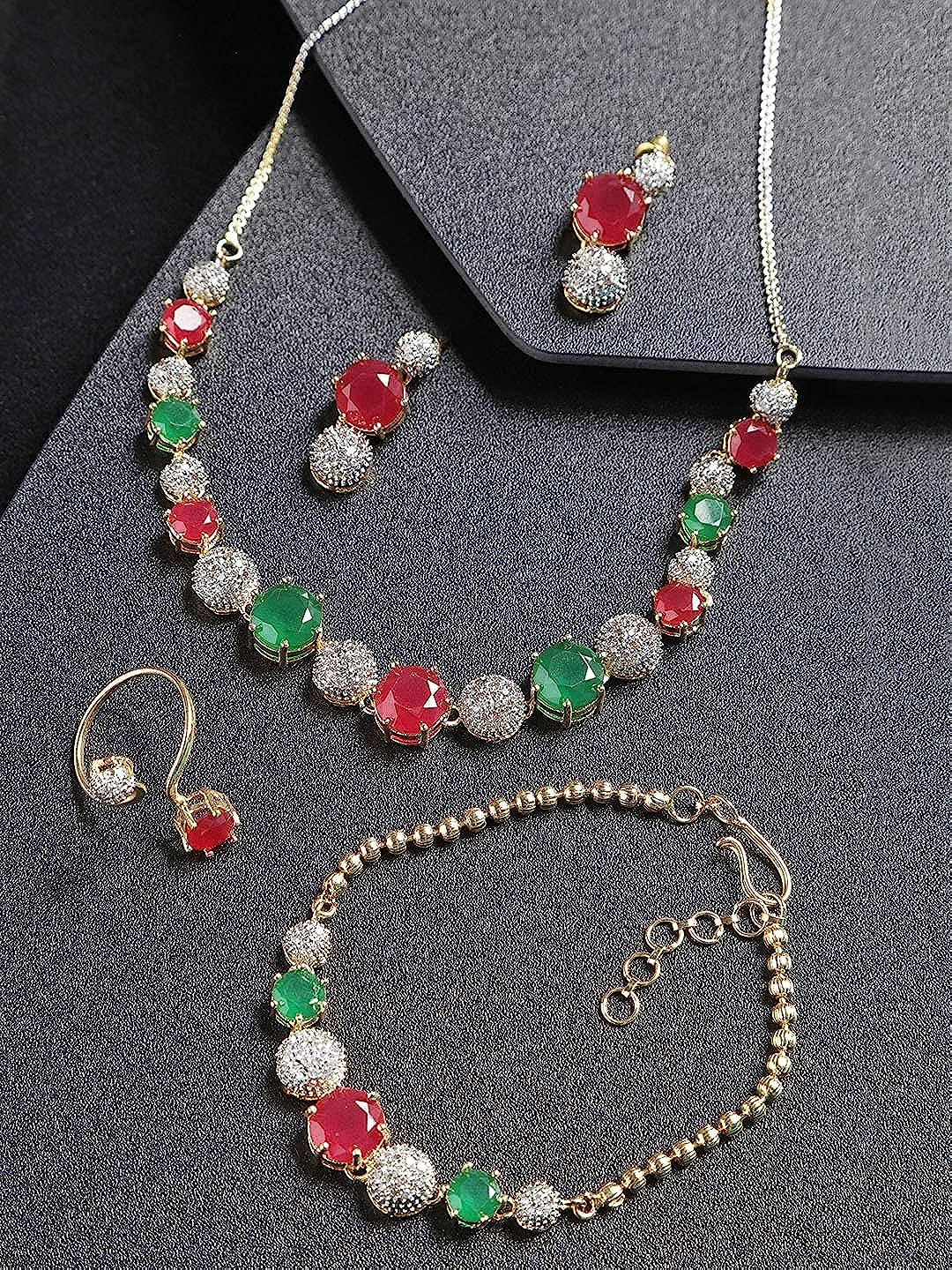 YouBella Jewellery Set for Women American Diamond Combo of Necklace Set with Earrings, Bracelet and Ring for Girls and Women (Multi-Color)