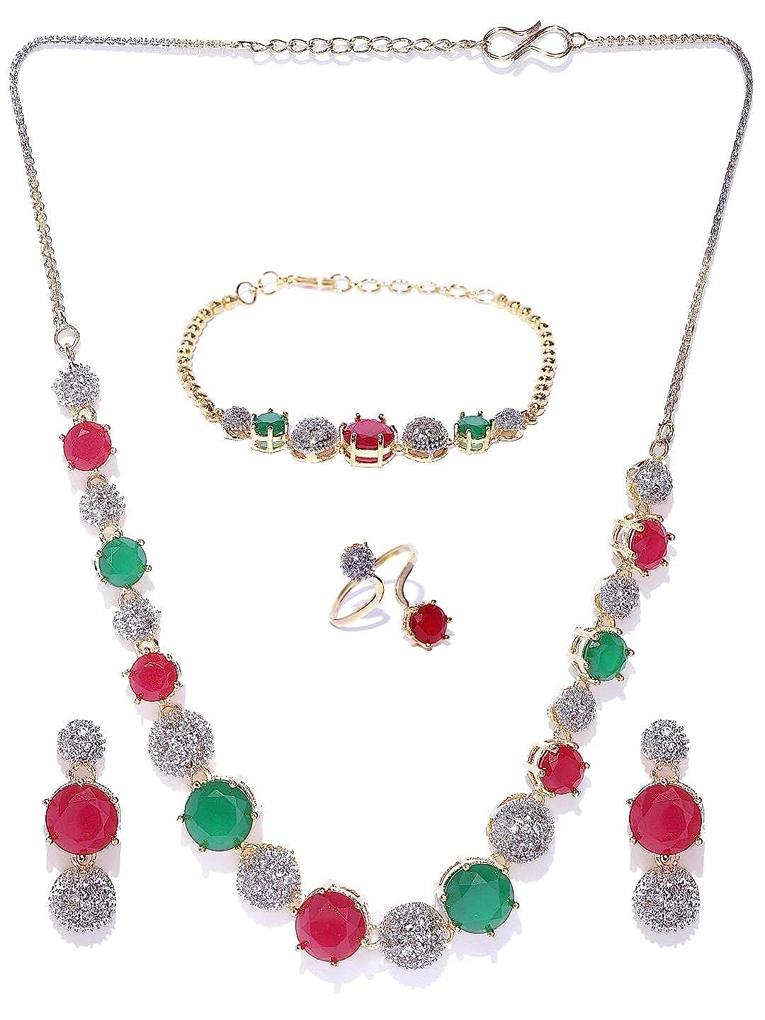 YouBella Jewellery Set for Women American Diamond Combo of Necklace Set with Earrings, Bracelet and Ring for Girls and Women (Multi-Color)