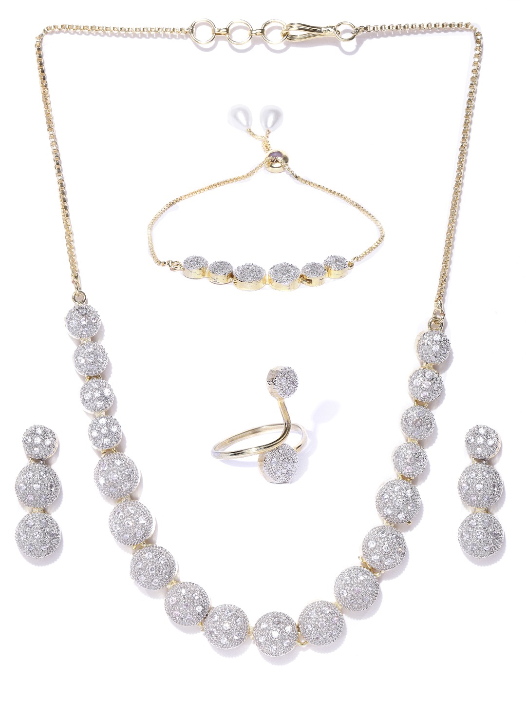 YouBella Jewellery Set for Women American Diamond Combo of Necklace Set with Earrings, Bracelet and Ring for Girls and Women (Silver)