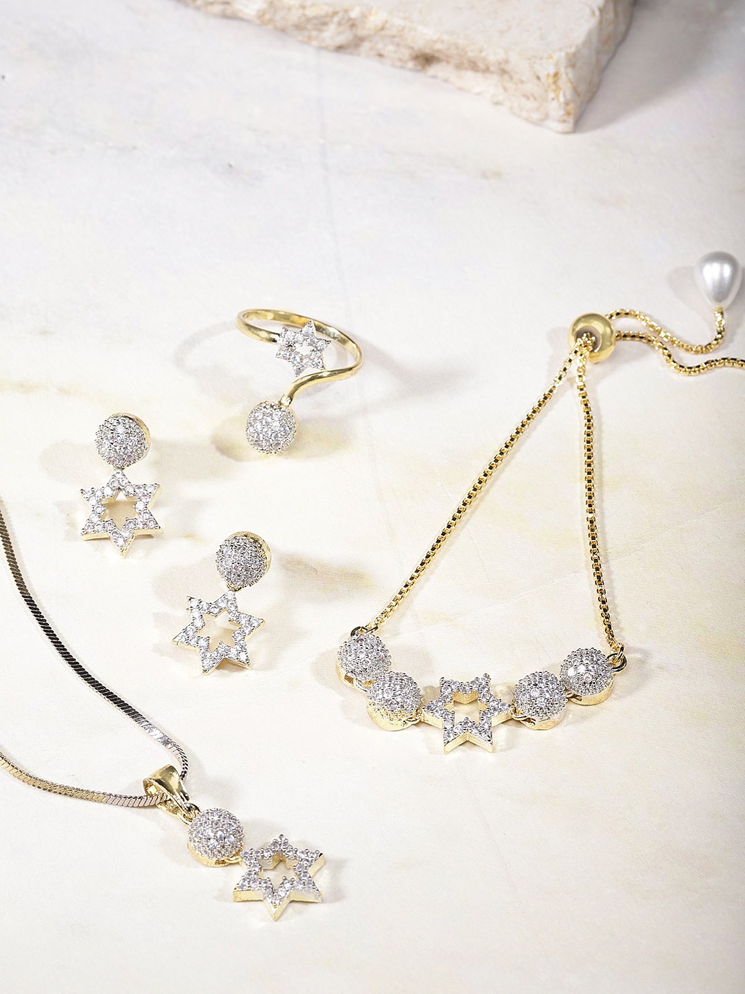 YouBella Stylish Latest Design Jewellery Combo Of Pendant Necklace Earrings Rings And Bracelet Gold Plated Jewellery Set for Women (Golden) (Mix_Combo_108)