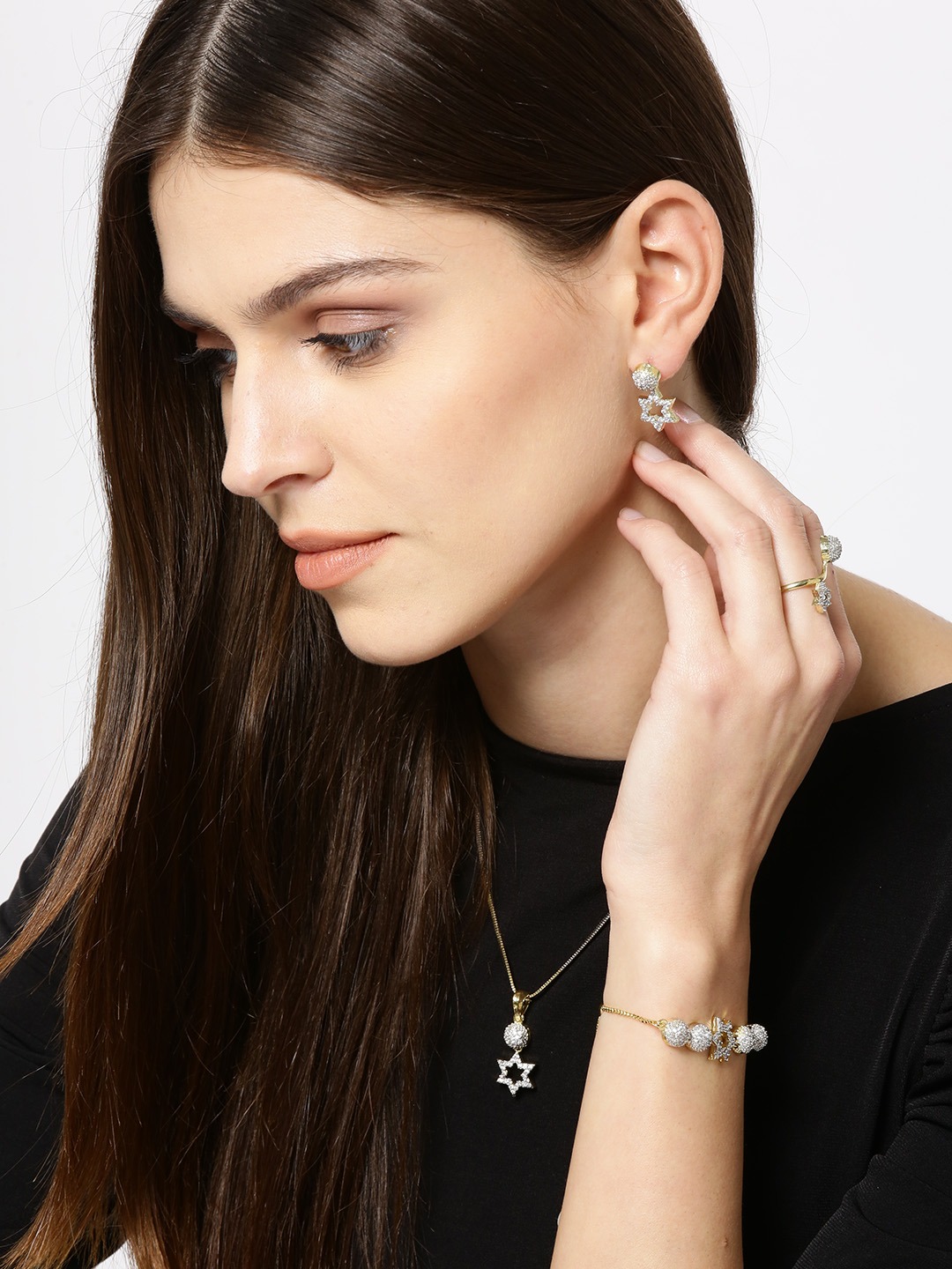 YouBella Stylish Latest Design Jewellery Combo Of Pendant Necklace Earrings Rings And Bracelet Gold Plated Jewellery Set for Women (Golden) (Mix_Combo_108)