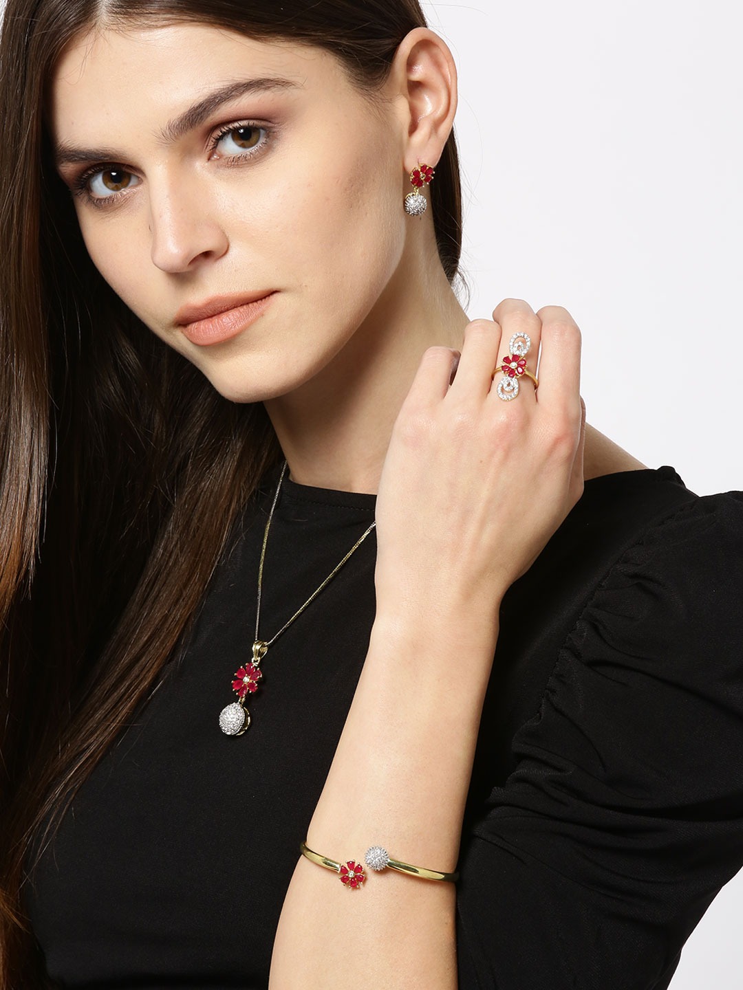 YouBella Stylish Latest Design Jewellery Combo Of Pendant Necklace Earrings Rings And Bracelet Gold Plated Jewellery Set for Women (Pink) (Mix_Combo_109)