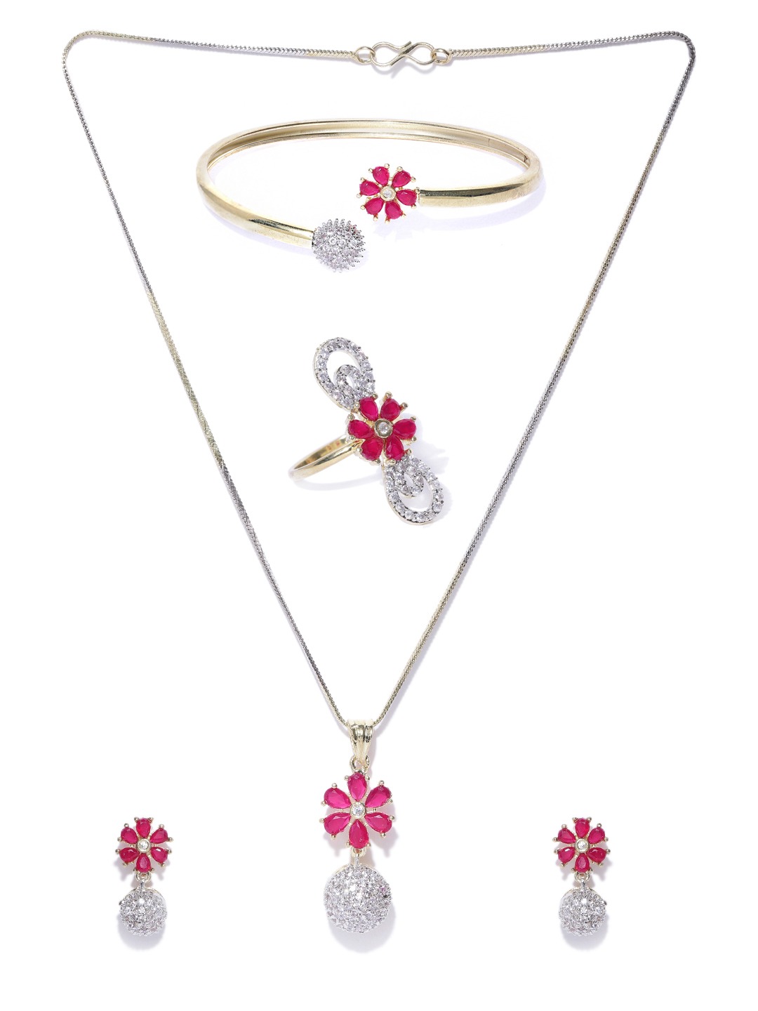 YouBella Stylish Latest Design Jewellery Combo Of Pendant Necklace Earrings Rings And Bracelet Gold Plated Jewellery Set for Women (Pink) (Mix_Combo_109)