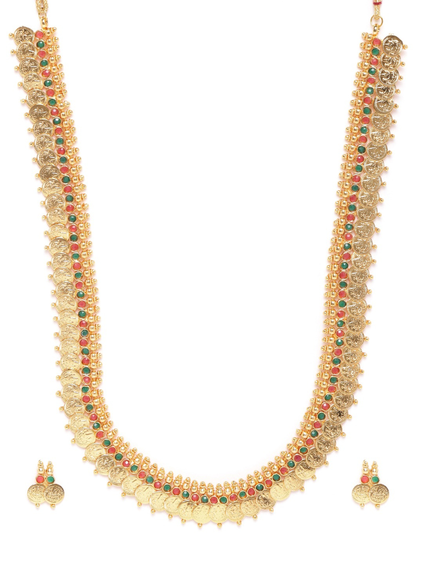YouBella Set of 2 Green  Magenta Gold-Plated Stone Studded Goddess Laxmi Jewellery Set