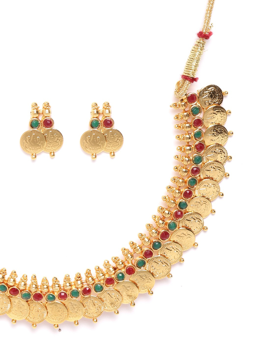 YouBella Set of 2 Green  Magenta Gold-Plated Stone Studded Goddess Laxmi Jewellery Set