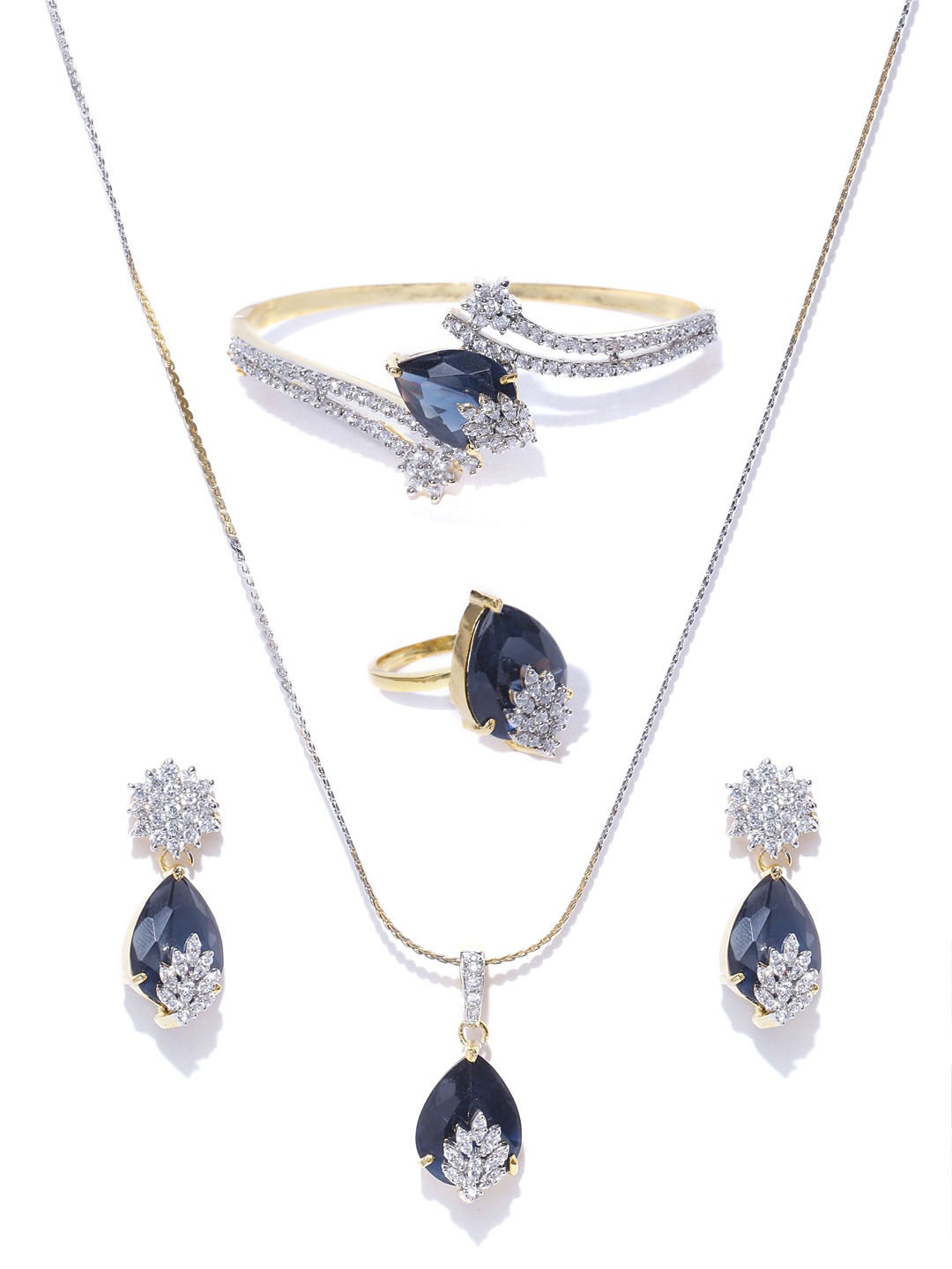 YouBella Signature Collection American Diamond Combo of Pendant Set/Necklace Set with Earrings, Bracelet and Ring for Girls and Women (Blue)