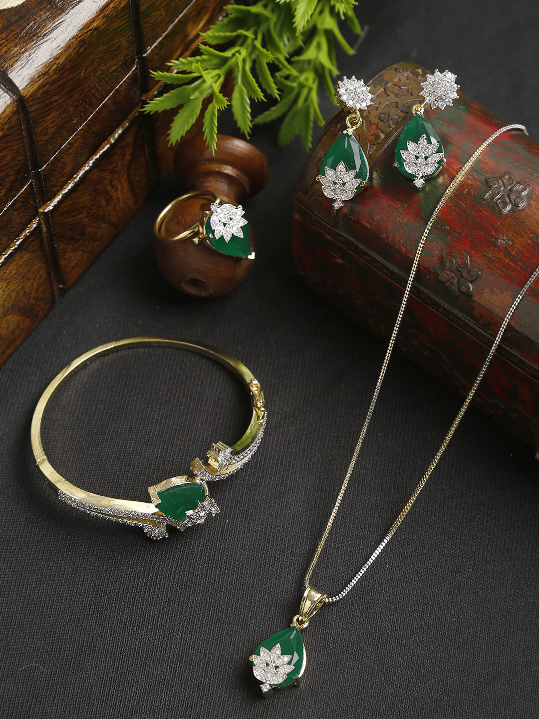 YouBella Signature Collection American Diamond Combo of Pendant Set/Necklace Set with Earrings, Bracelet and Ring for Girls and Women (Green)