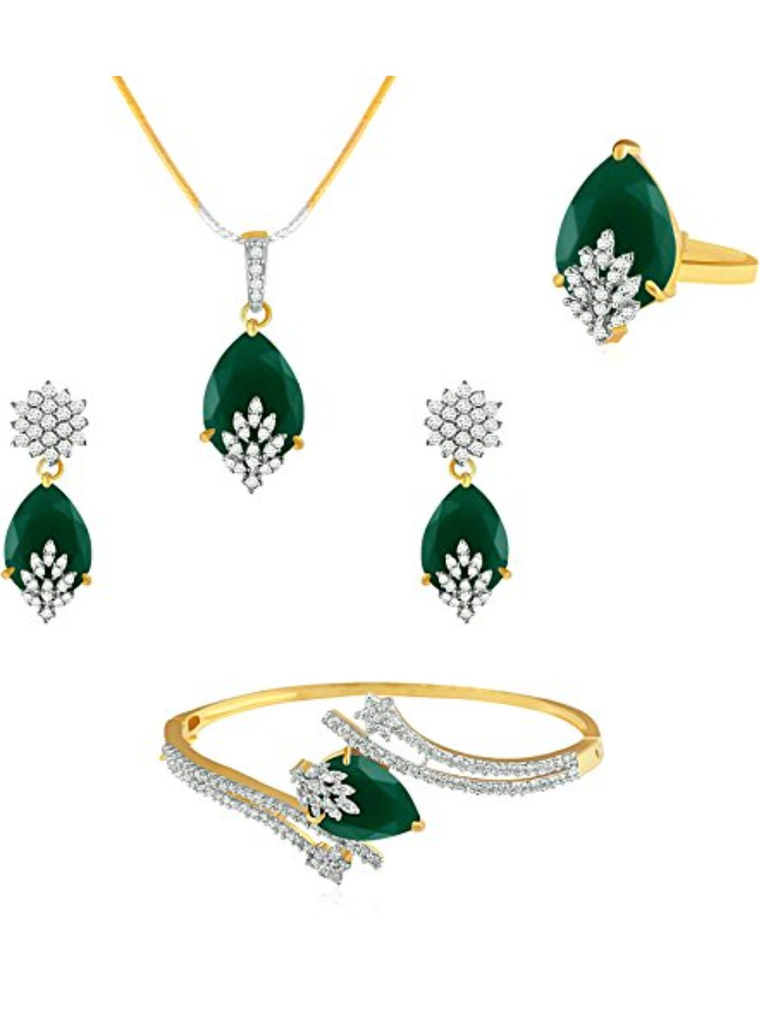 YouBella Signature Collection American Diamond Combo of Pendant Set/Necklace Set with Earrings, Bracelet and Ring for Girls and Women (Green)