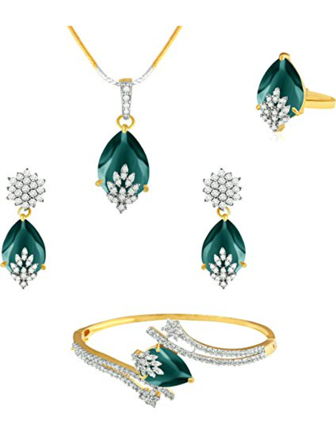 YouBella Signature Collection American Diamond Combo of Pendant Set/Necklace Set with Earrings, Bracelet and Ring for Girls and Women (Turquoise)