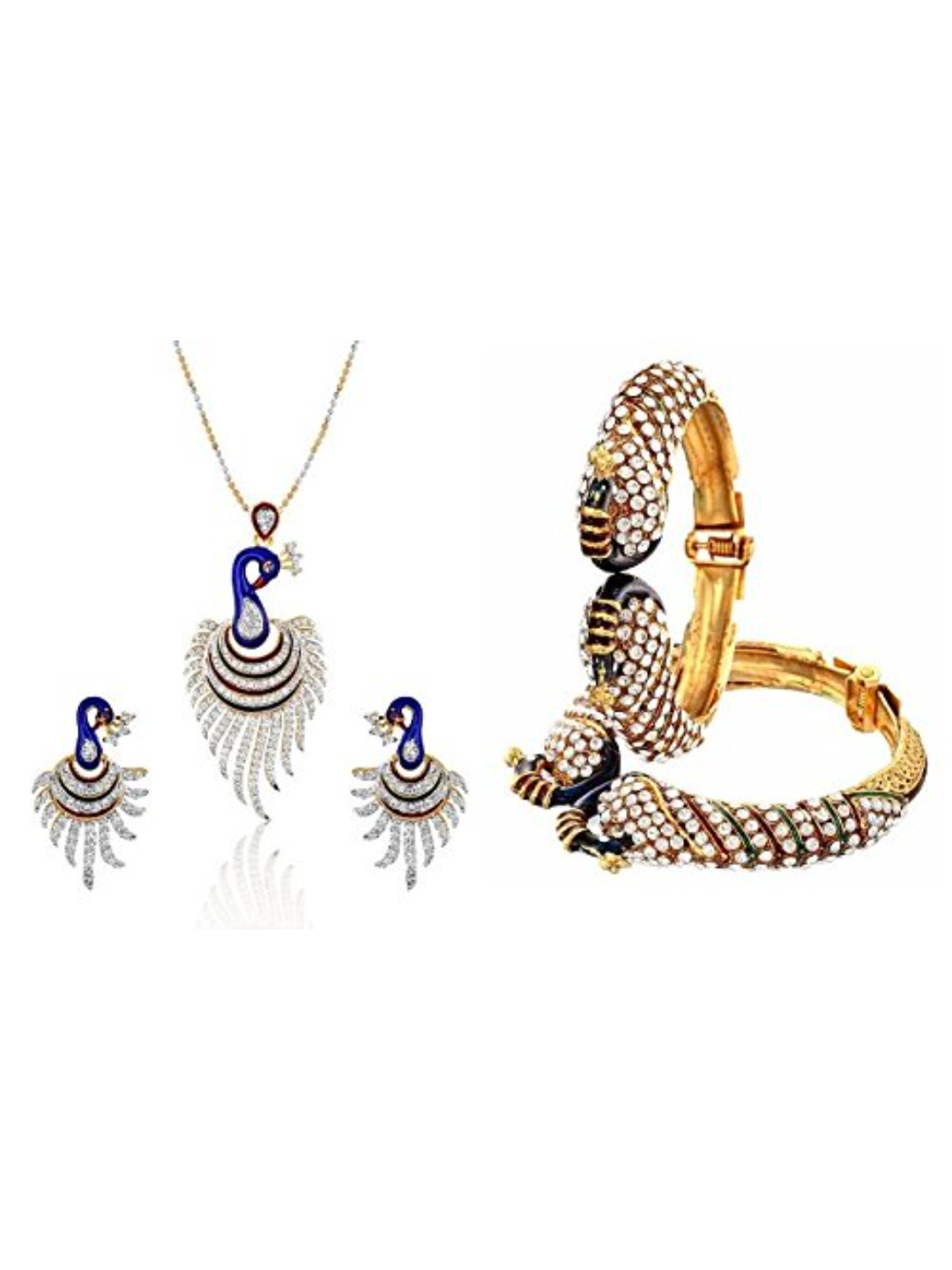 YouBella Multicolour Gold Plated Combo of Dancing Peacock Bangles and Pendant Necklace Set with Chain and Earrings for Women