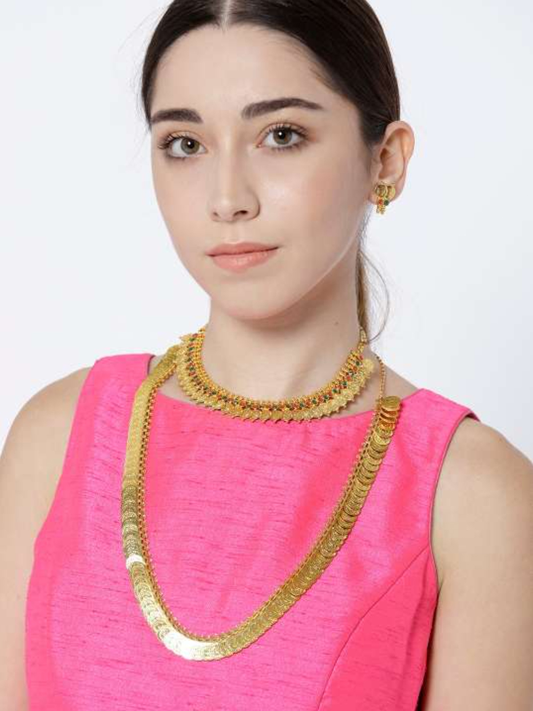 YouBella Jewellery Traditional Temple Coin Combo of Laxmi Coin Red Green Necklace Set / Jewellery Set with Earrings for Girls and Women