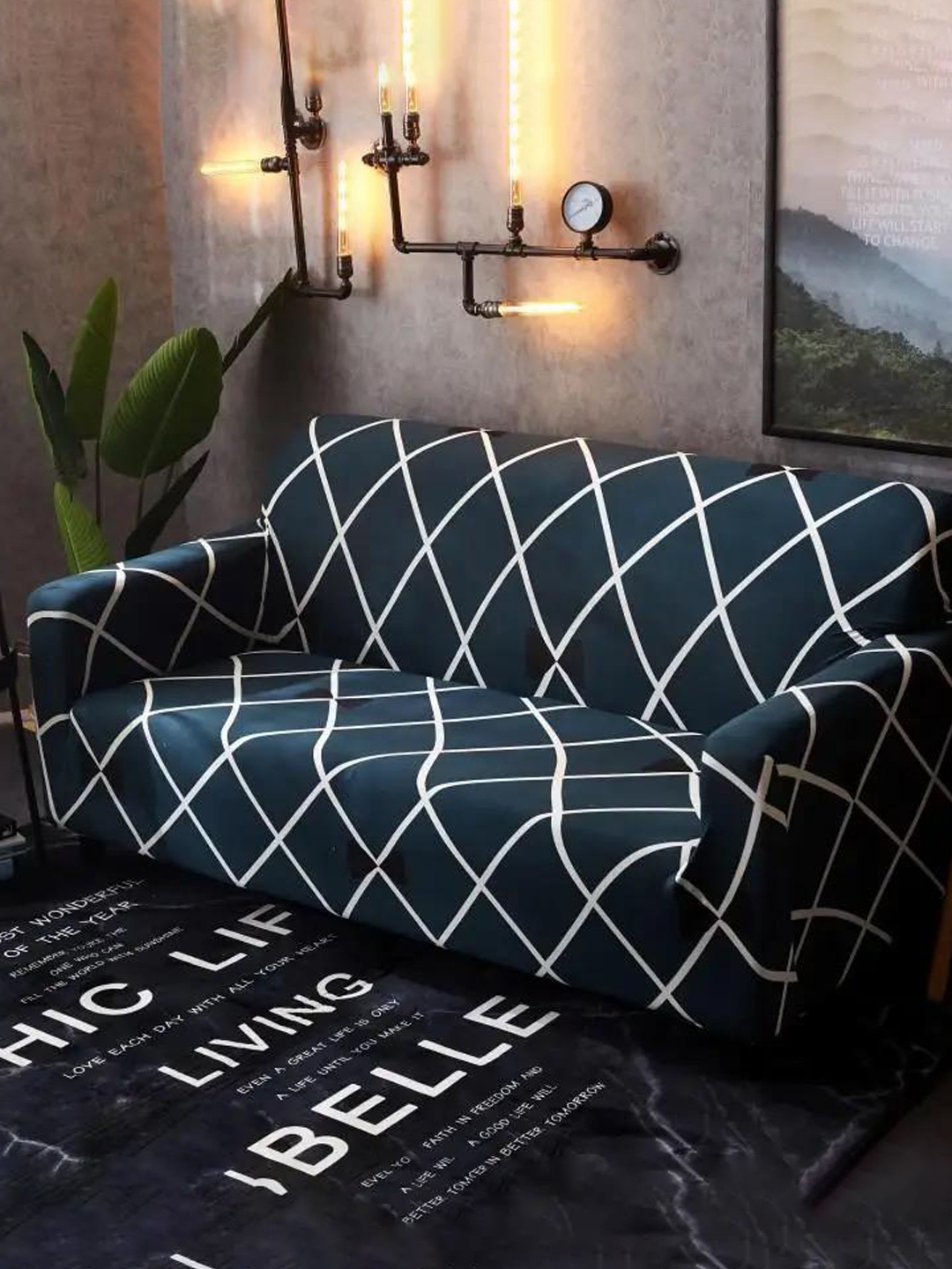 YouBella Universal Sofa Cover Big Elasticity Cover for Couch Flexible Stretch Sofa Slipcover Floral Prints (Blue Stripes, 2 Seater)