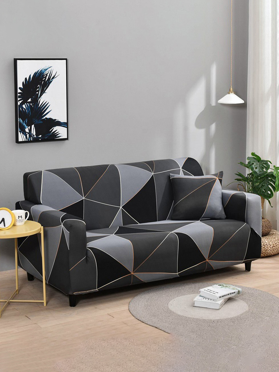 YouBella Universal Sofa Cover Big Elasticity Cover for Couch Flexible Stretch Sofa Slipcover Floral Prints (Grey Geometric, 4 Seater)
