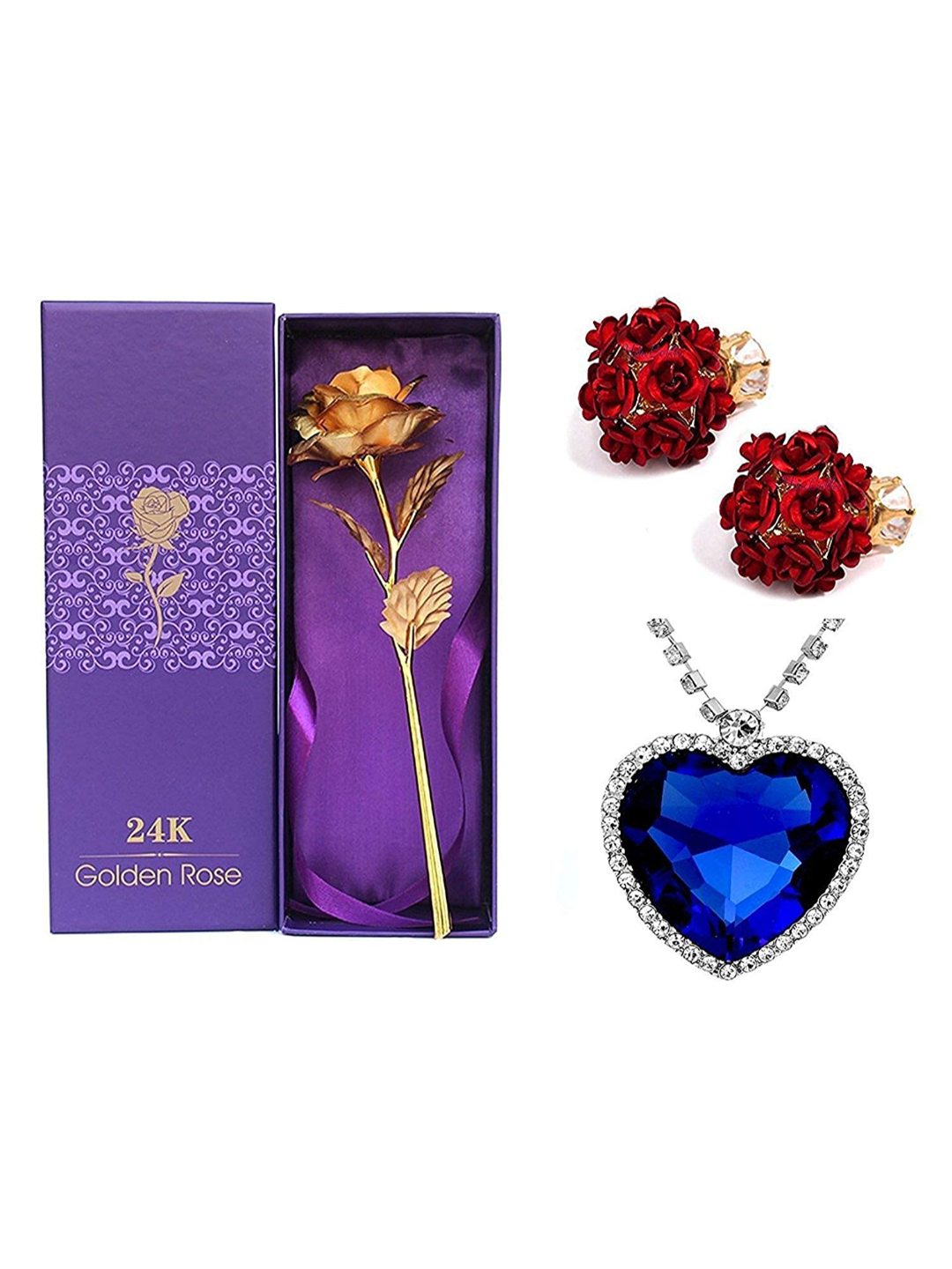 YouBella Jewellery Combo of Gold Plated Rose Flower Floral Fancy Party Wear Earrings for Women and Heart Shape Crystal Pendant Necklace