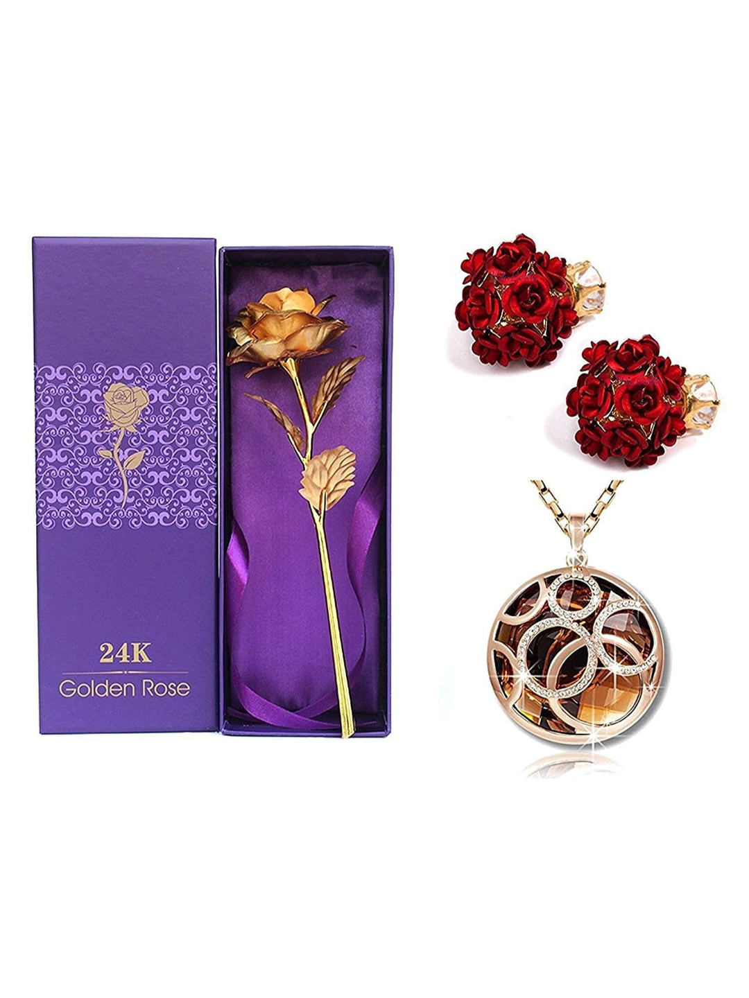 YouBella Multicolor Gold Plated Rose Flower Earring and Crystal Pendant Necklace Combo for Women and Girls