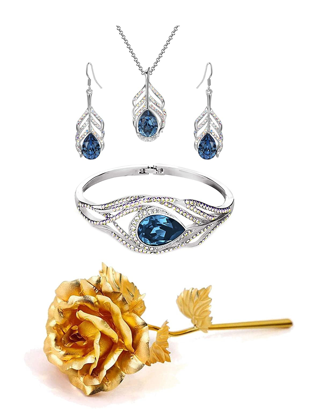 YouBella Multicolour Gold Plated Rose Flower with Crystal Pendant Necklace and Earrings and Bangle Bracelets Jewellery Combo for Girls and Women