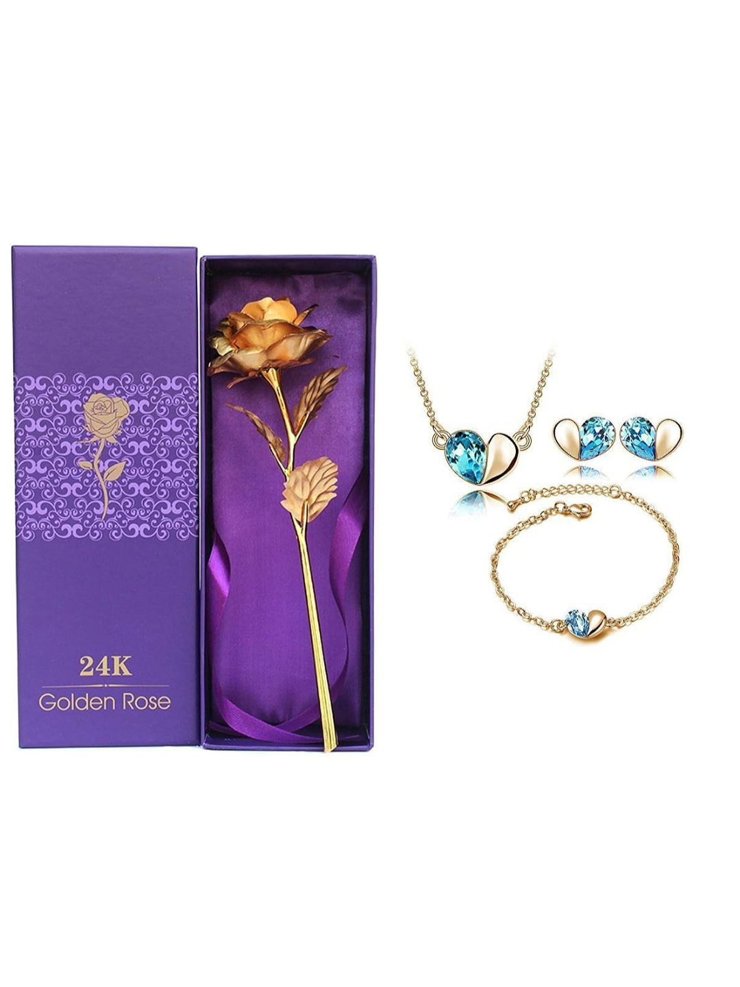 YouBella Gold Plated Rose Flower, Heart Shape Crystal Pendant Necklace, Fancy Party Wear Earrings and Bangle Bracelets Combo for Women
