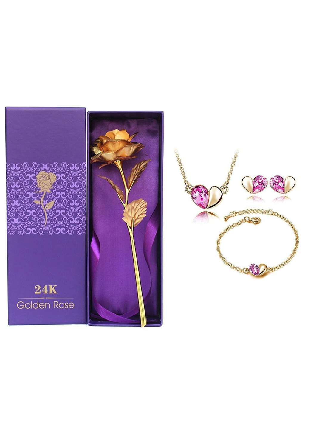 YouBella Combo of Multicolour Gold Plated Rose Flower, Heart Shape Crystal Pendant Necklace, Earrings and Bangles for Women