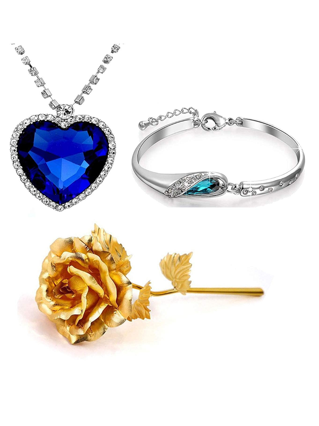 YouBella Gold Plated Rose Flower and Crystal Heart Crystal Pendant Necklace and Bracelet Combo for Women and Girls
