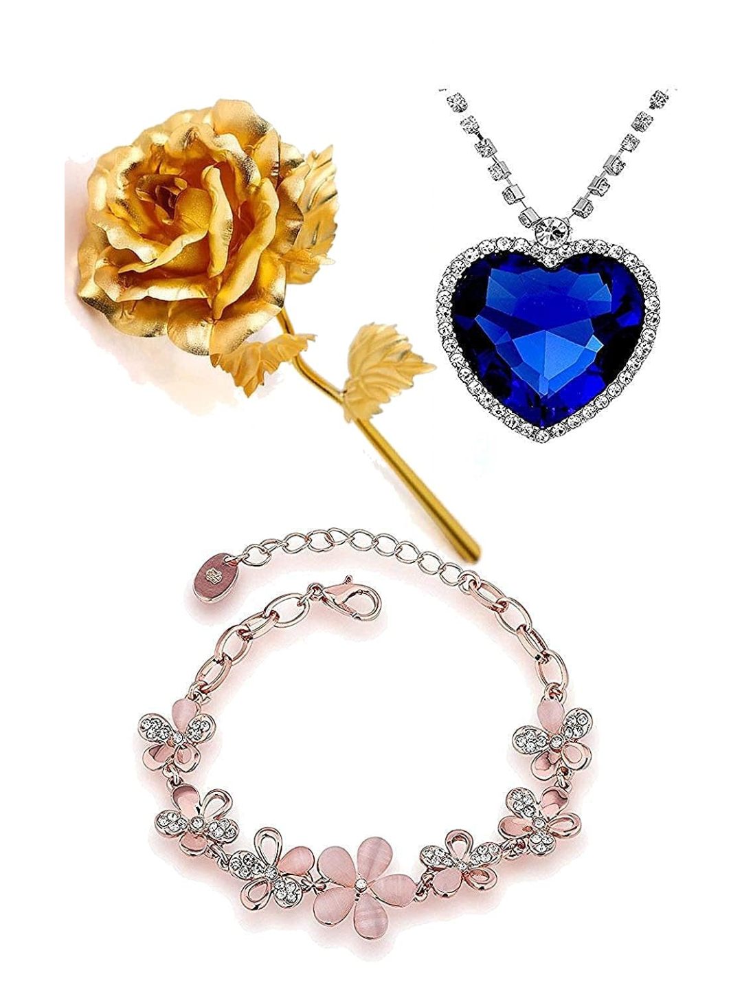 Valentine YouBella Jewellery Combo of Heart Crystal Pendant Necklace for Women and Girls, Gold Plated Rose Flower and Crystal Jewellery Bangle Bracelet for Girls