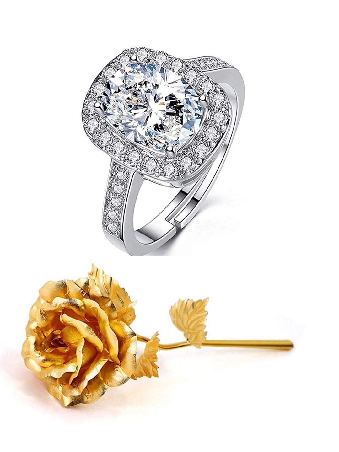 Valentine YouBella Jewellery Combo of Gold Plated Rose Flower and Solitaire Ring for Girls/Women