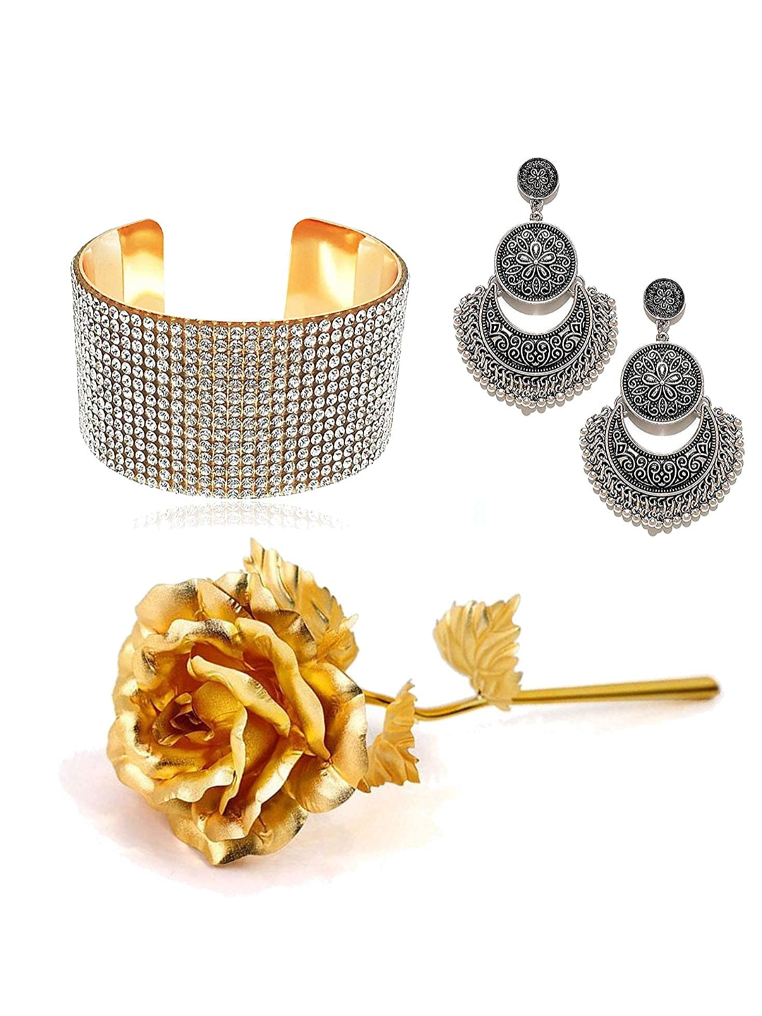 Valentine YouBella Jewellery Combo of Stylish Fancy Afghan Earrings, Gold Plated Rose Flower and Crystal Jewellery Bangle Bracelet for Girls