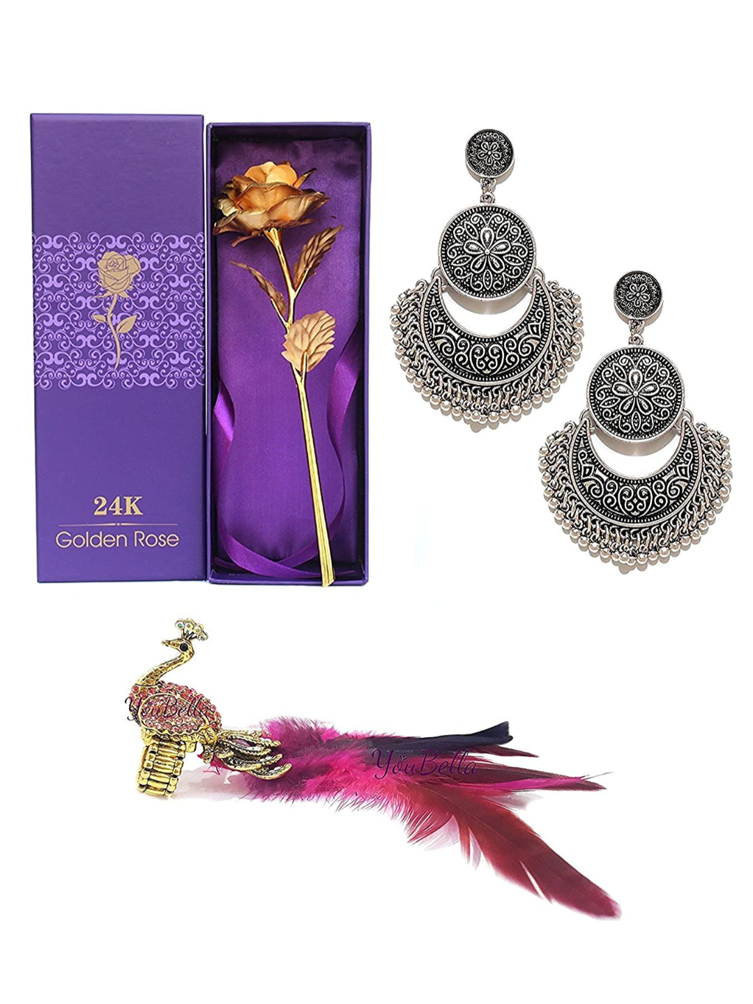 YouBella Combo Pack of Gold Plated Rose Flower, Afghan Earrings and Peacock Feather Adjustable Ring for Women