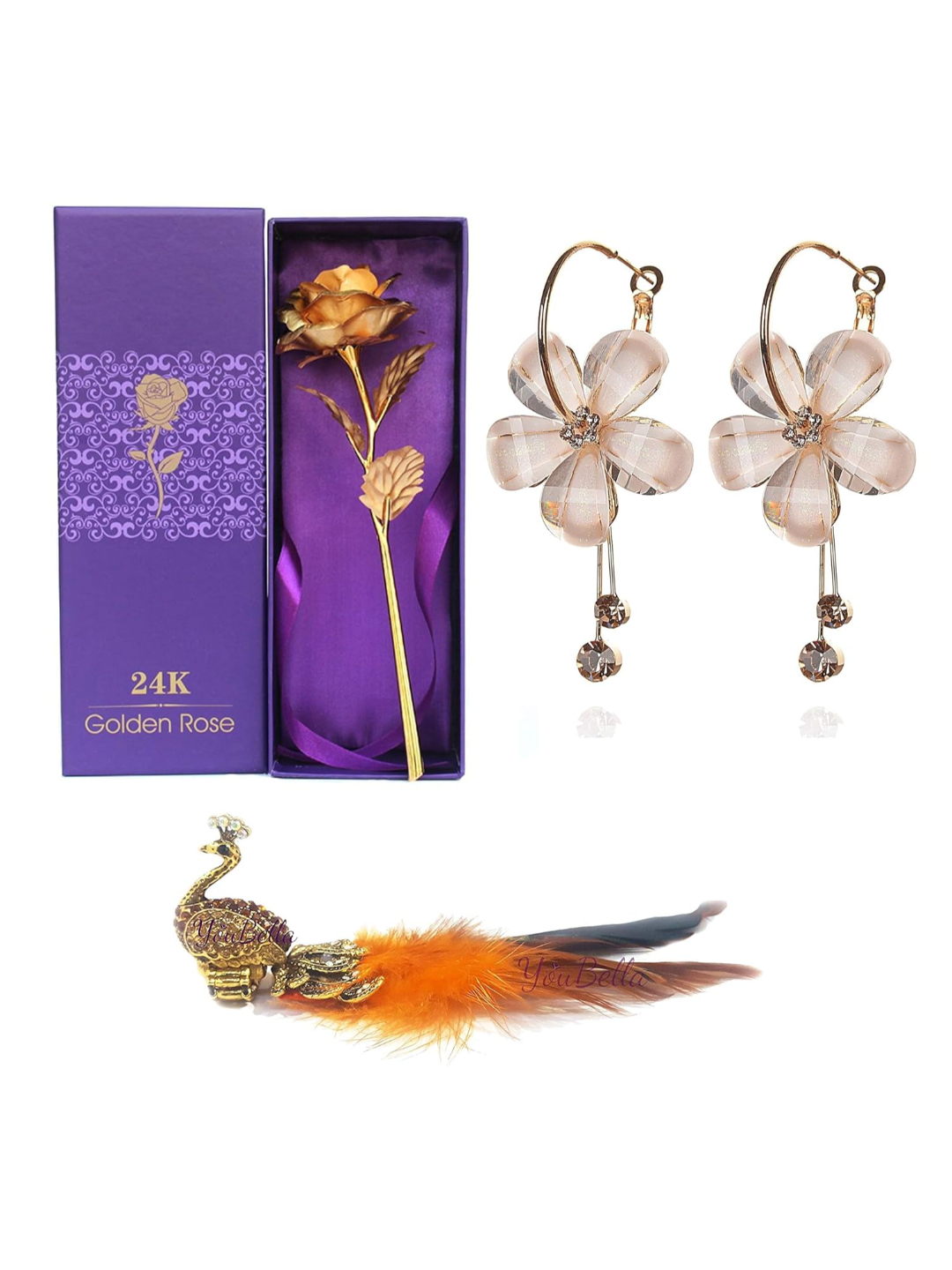 YouBella Combo of Multicolour Gold Plated Rose Flower, Crystal Floral Fancy Earrings for Girls and Women and Peacock Feather Adjustable Ring