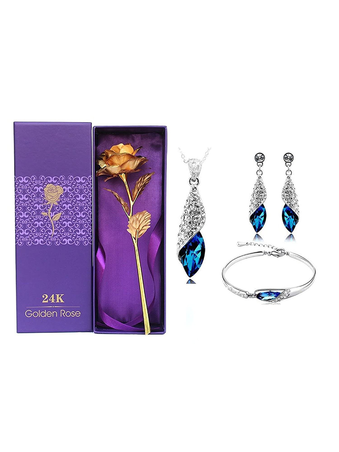 Valentine YouBella Jewellery Combo of Gold Plated Rose Flower,Crystal Pendant Necklace, Fancy Earrings and Bangle Bracelets for Girls and Women