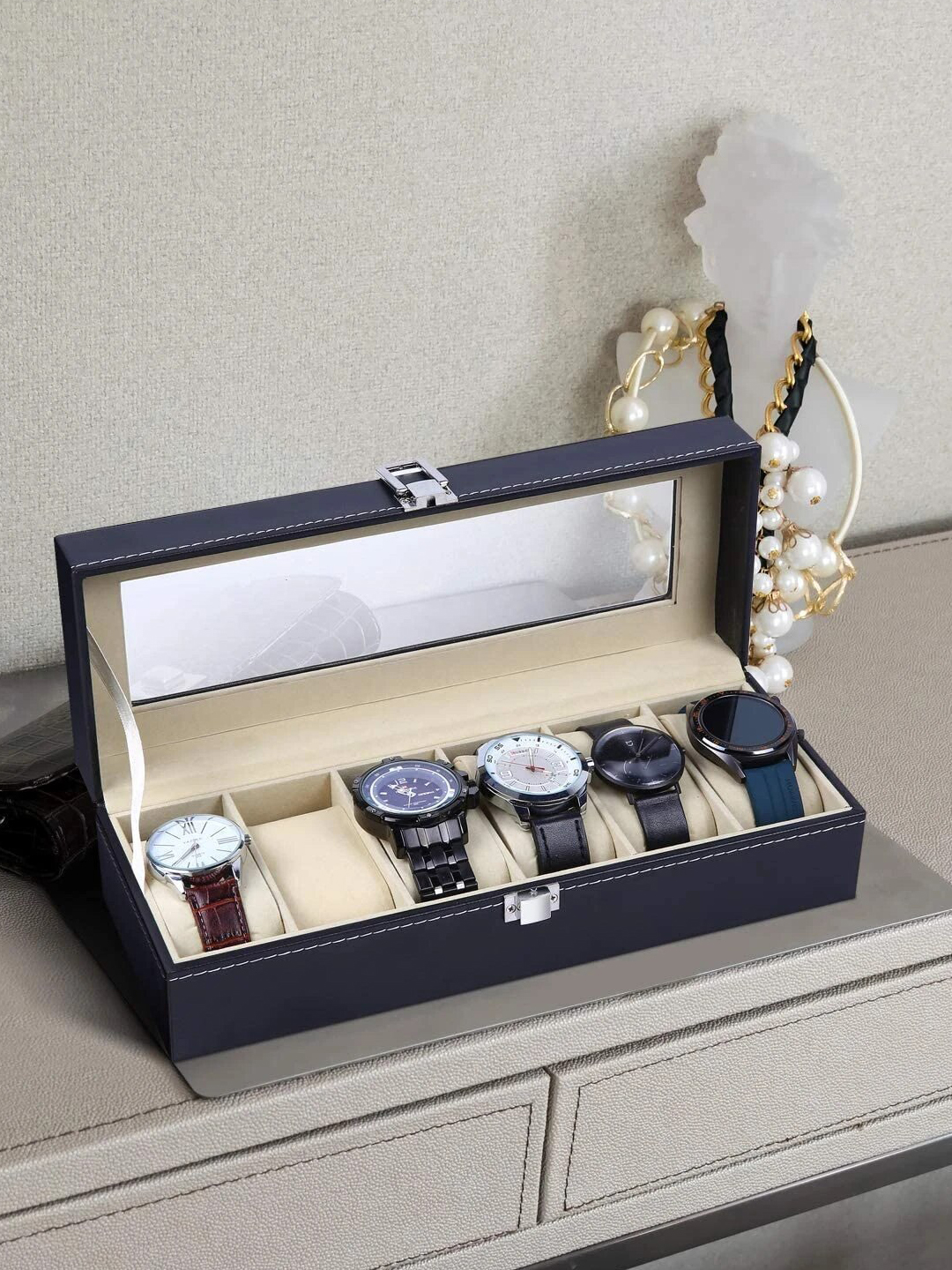 YouBella Jewellery and Watch Organiser Box Men's and Women's Watch Box Holder Organizer Case In 6 Slots of watches In PU Leather (Black) (Watch_Box_1)