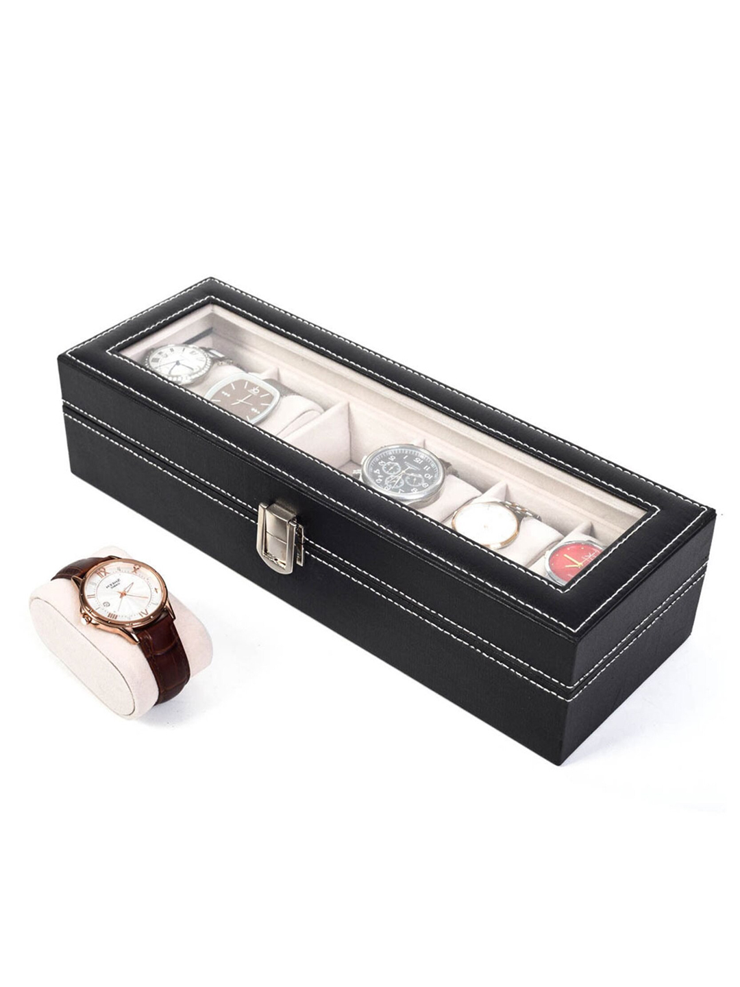 YouBella Jewellery and Watch Organiser Box Men's and Women's Watch Box Holder Organizer Case In 6 Slots of watches In PU Leather (Black) (Watch_Box_1)