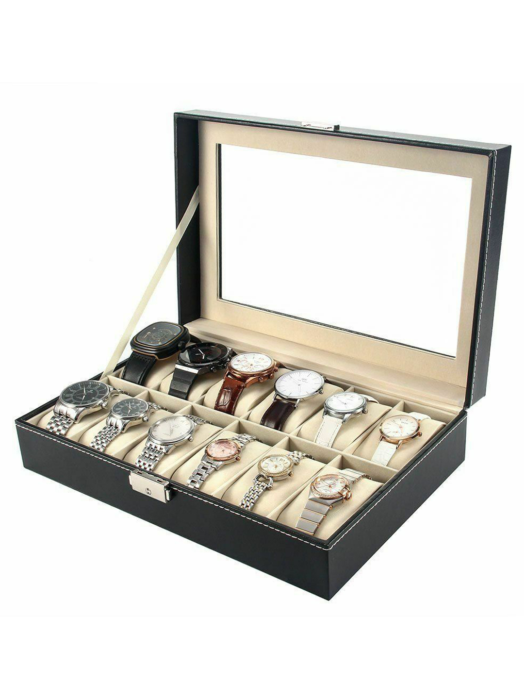 YouBella Jewellery and Watch Organiser Box Men's and Women's Watch Box Holder Organizer Case In 12 Slots of watches In PU Leather (Black) (Watch_Box_2)
