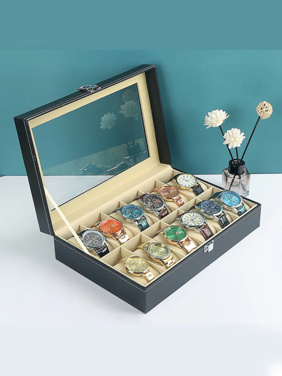 YouBella Jewellery and Watch Organiser Box Men's and Women's Watch Box Holder Organizer Case In 12 Slots of watches In PU Leather (Black) (Watch_Box_2)