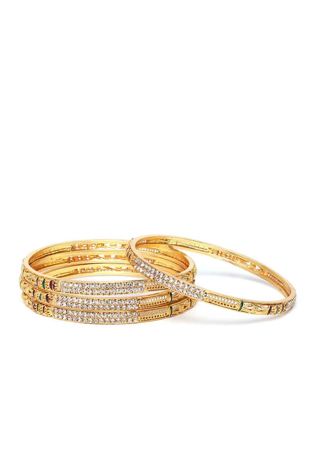 YouBella Set of 4 Red  Green Gold-Plated Stone-Studded Bangles