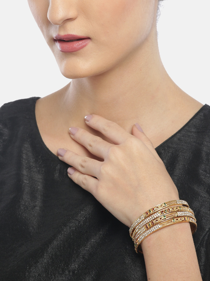 YouBella Set of 4 Red  Green Gold-Plated Stone-Studded Bangles
