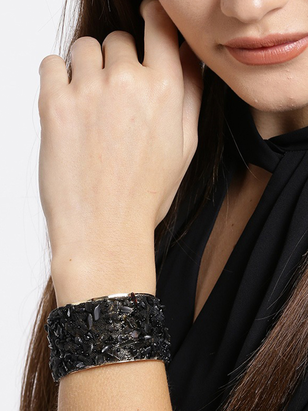 YouBella Jewellery Crystal Black Beads Studded Kada Bracelet For Women