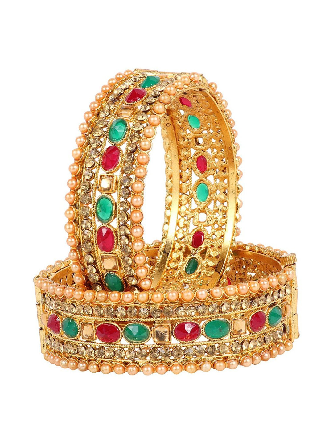 YouBella Set Of 2 Gold-Plated & Green Stone-Studded Bangles
