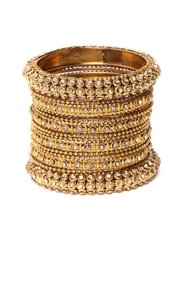 YouBella Set of 14 Antique Gold-Plated Stone-Studded Textured Bangles
