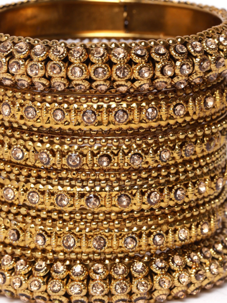 YouBella Set of 14 Antique Gold-Plated Stone-Studded Textured Bangles
