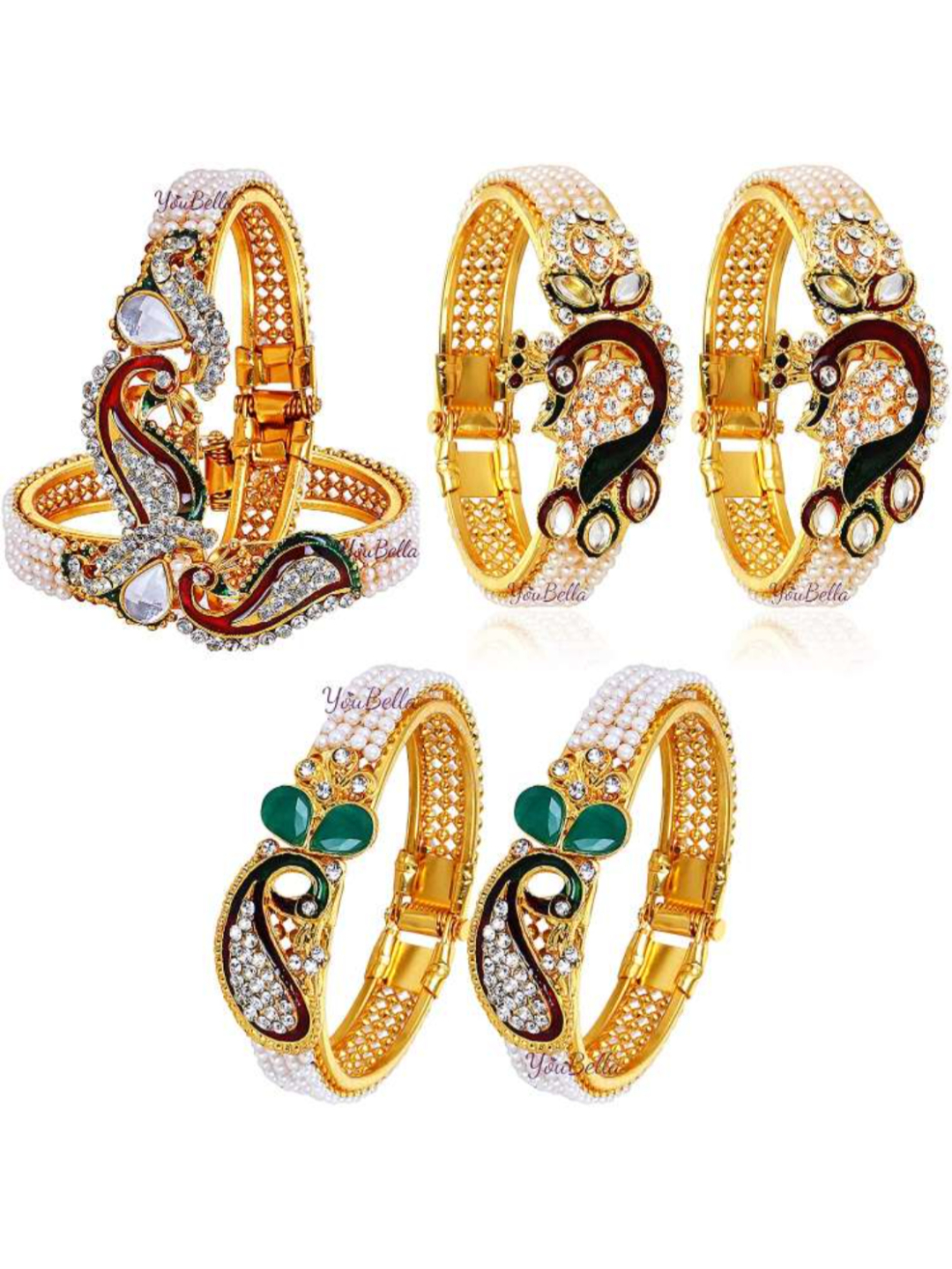 YouBella Multicolour Gold Plated Traditional Pearl Bracelet Bangle Set for Girls and Women ( Combo of 3)