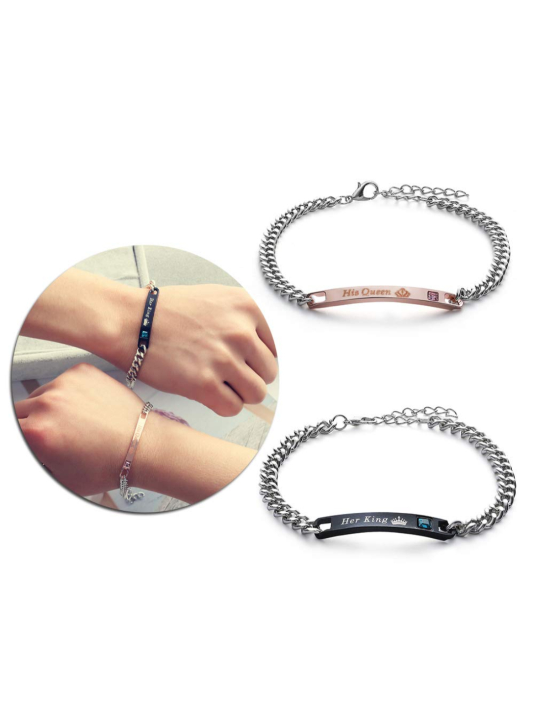 YouBella Valentine His or Hers Matching Set Queen King Titanium Stainless Steel Couple Bracelet Rings for Girls/Women's