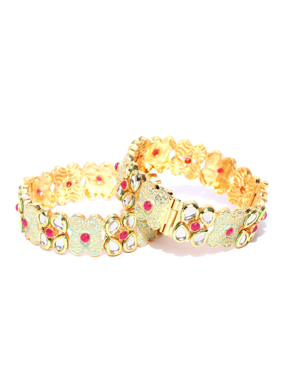 YouBella Set of 2 Green  Red Gold-Plated Kundan-Studded Bangles