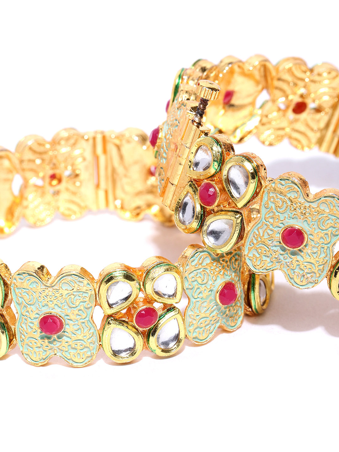 YouBella Set of 2 Green  Red Gold-Plated Kundan-Studded Bangles