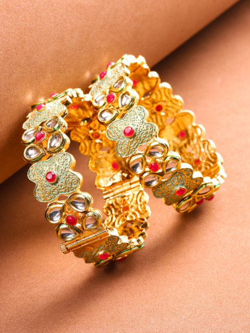 YouBella Set of 2 Green  Red Gold-Plated Kundan-Studded Bangles