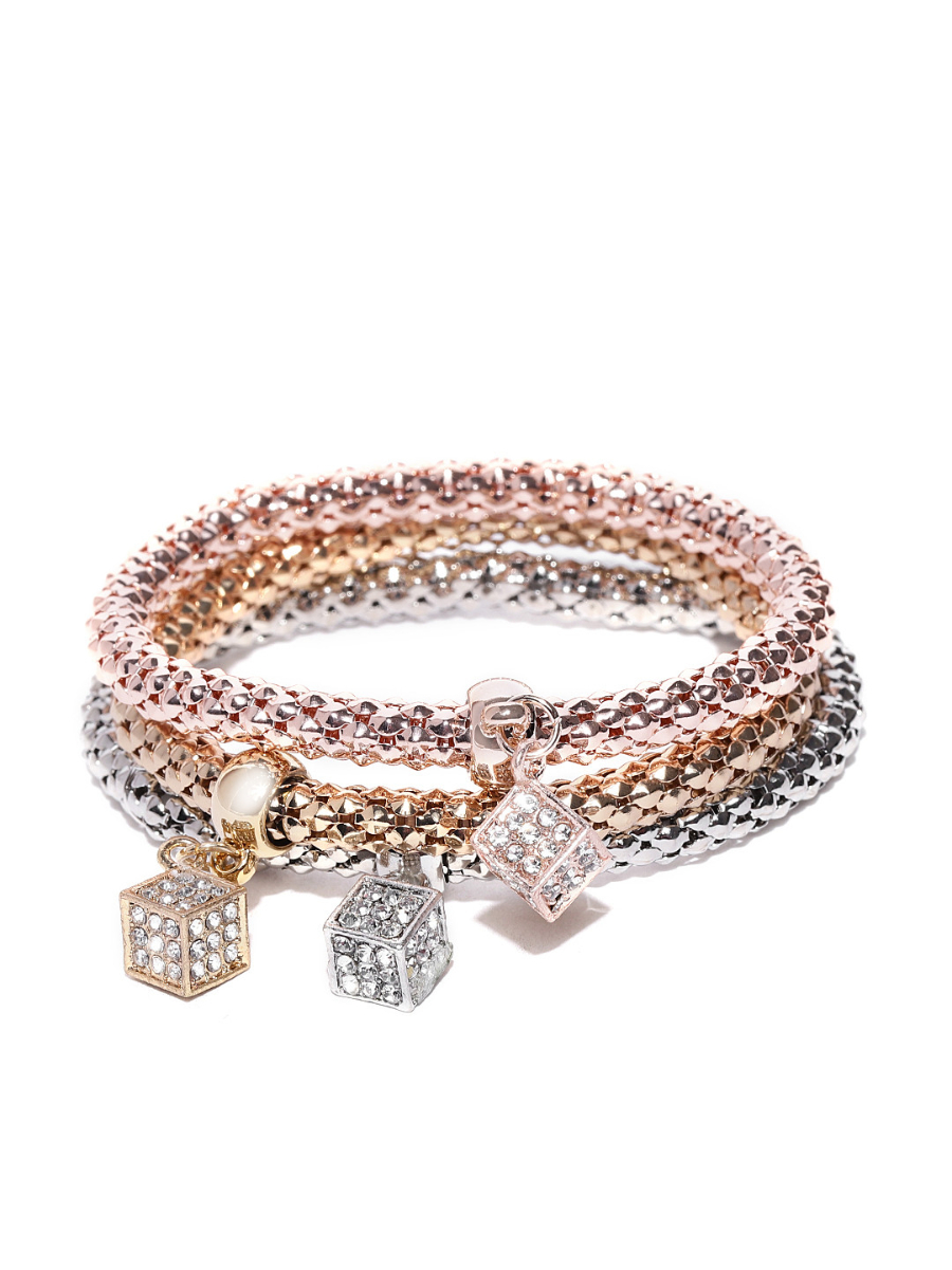 YouBella Women Set of 3 Stone-Studded Elasticated Charm Bracelets
