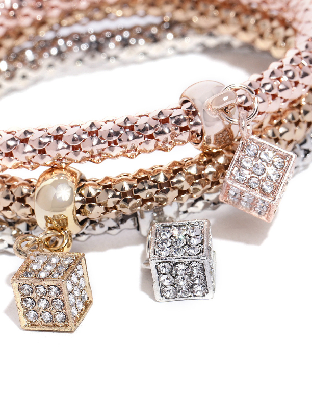 YouBella Women Set of 3 Stone-Studded Elasticated Charm Bracelets