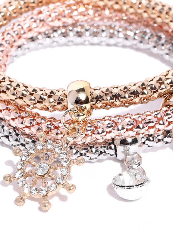 YouBella Women Set of 3 Stone-Studded Elasticated Charm Bracelets